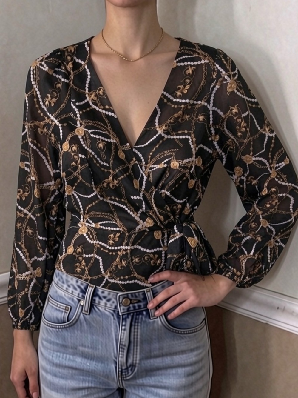 💜 5 for $20! NWT Meraki Black Chain & Pearl Print Wrap Blouse
